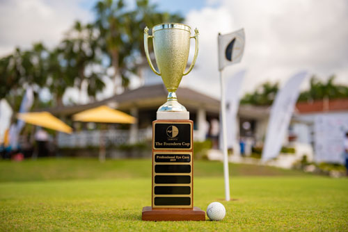 Gold and wood Founders Cup Trophy with Professional Eye Care listed as the winner from 2019