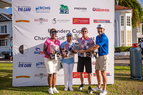 Golfers receiving liquor gift baskets