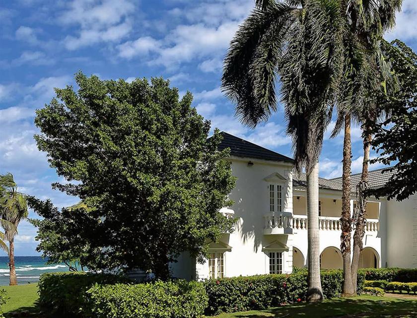 A white house with palm trees and bushes